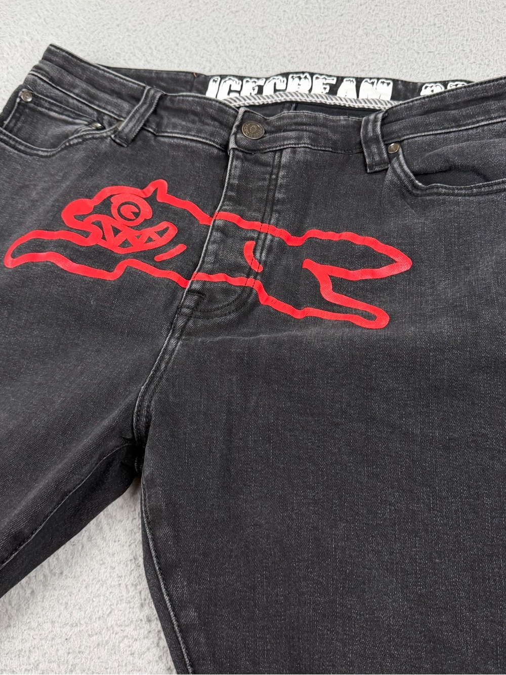 Icecream Jeans Mens 36 Black Denim Faded Selvedge Distressed Button Fly Logo